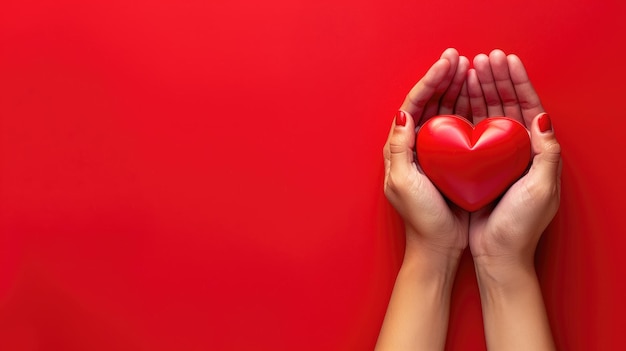 Hands cradling a red heart against a bright red background