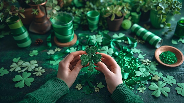 Hands crafting DIY St Patrick Day decorations with green glitter and paper shamrocks AI Generated