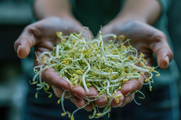 Hands cupped around a bunch of freshly sprouted bean sprouts