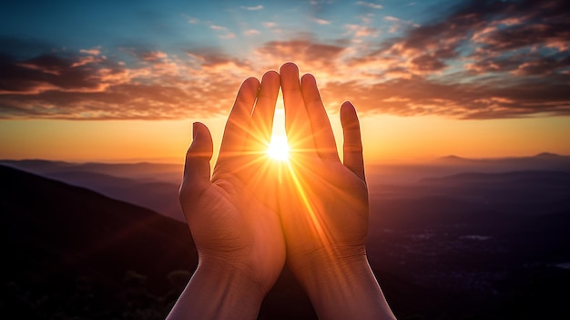 Photo hands cupped around the setting sun over a mountain range