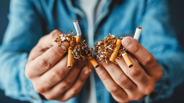 Hands decisively breaking cigarettes a powerful symbol of quitting smoking and choosing health