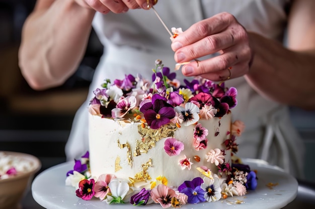 Hands decorating a cake with vibrant edible flowers and gold leaf creating a stunning visual feast