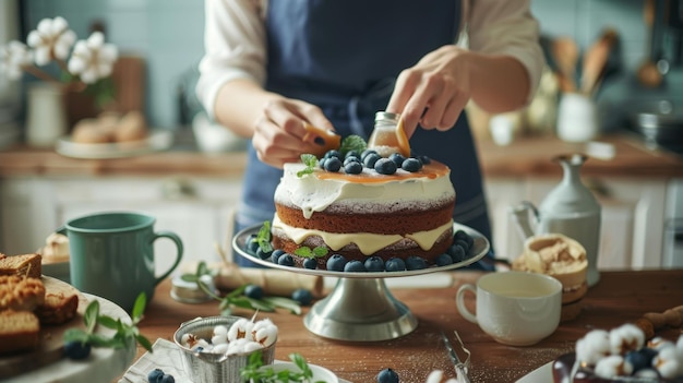 The hands decorating cake