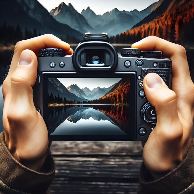 Photo the hands of a dedicated photographer holding a digital camera capturing the reflection of mountains on a calm lake displayed vividly on the camera screen