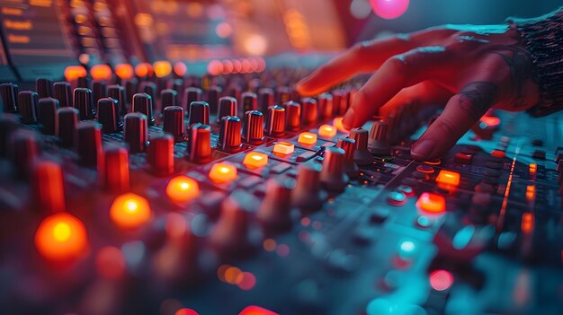 Hands Demonstrating Expertise Adjusting Levels on a Professional Audio Mixing Desk in a Cinematic Industrial LoftStyle Recording Studio