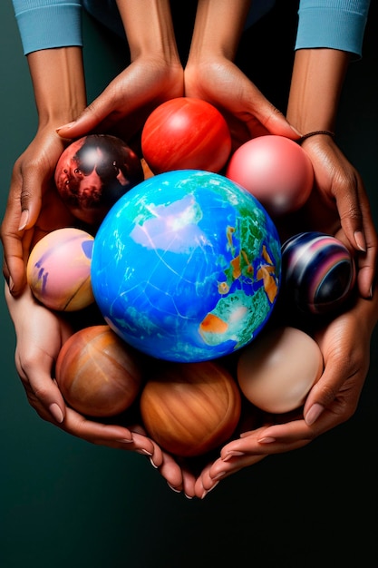 Hands of different ethnicities united holding planets