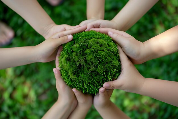 Photo hands of different generations holding green mossy ball symbolizing care and sustainability natural background