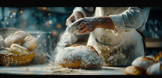 Photo hands dusting flour on bread dough in artisan bakery with warm lighting and blurred baked