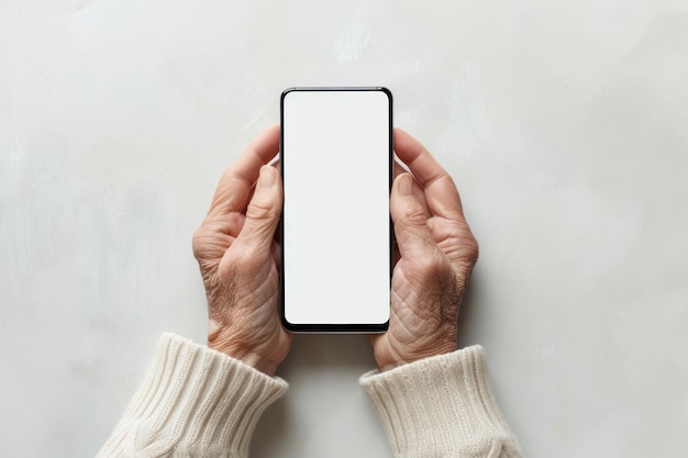 Hands elderly woman holding smartphone with white screen