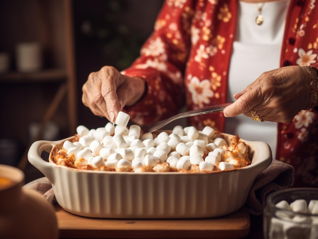 Hands of eldery woman cooking sweet potato casserole topped with marshmallows Festive winter dish served for Thanksgiving Day family dinner Mashed sweet potato Oven baked sweet potato autumn food