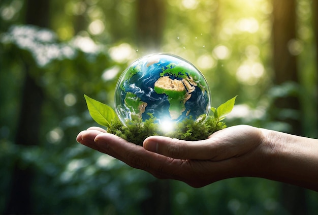 Hands Embracing a Crystal Glass Globe Protecting a Growing Tree a Tribute to Nature s Resilience