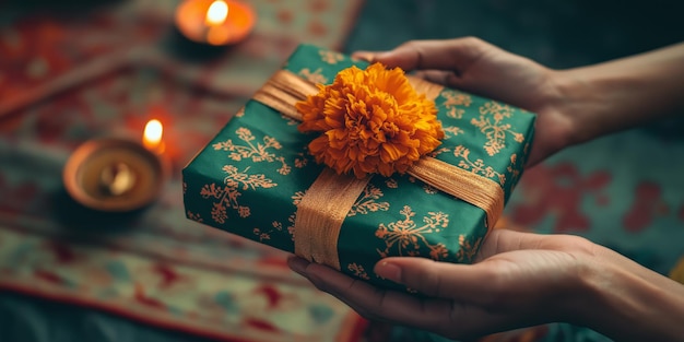 Photo hands exchanging vibrant diwali gifts adorned with marigold flowers and glowing diyas in an intimate celebration of joy