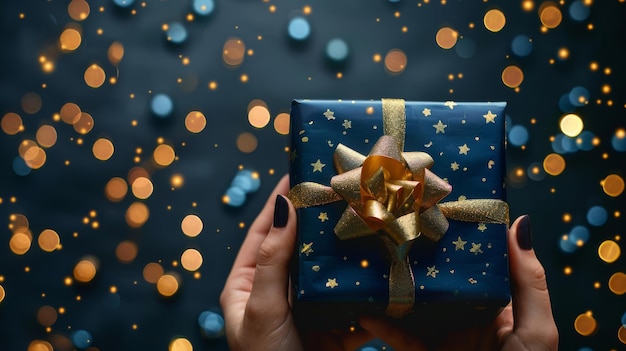 Hands extend a gift adorned with golden bow against twinkling backdrop