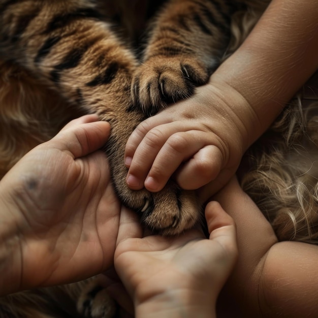 Photo the hands of the family and the furry paw of the cat as a team fighting for animal rights helping animals