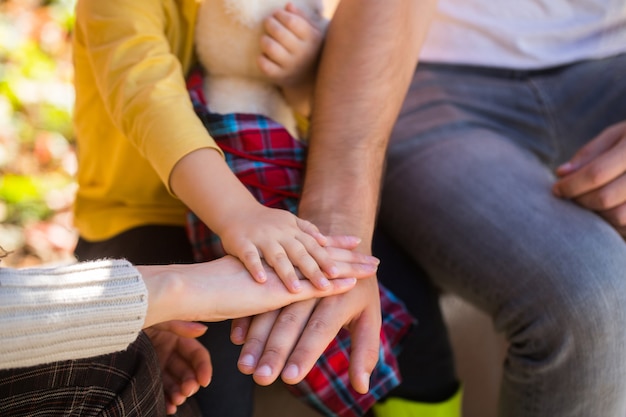 Hands of father, mother, keep hand little baby. Parents hold the baby hands. Closeup of baby hand into parents hands. Concept of unity, support, protection, happiness. Child hand closeup into parents