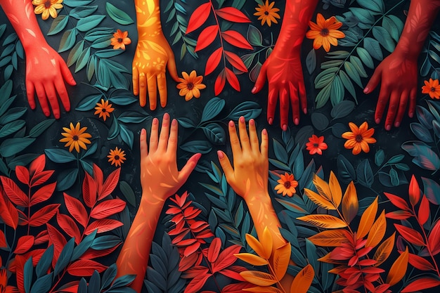 Hands on floral backdrop reaching across racial divides in solidarity on Juneteenth creative illustration