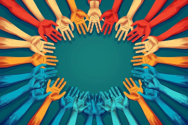 Hands forming a circle reaching across racial divides in solidarity on Juneteenth