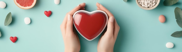 Photo hands forming a heart around a glucose meter symbolizing medical care and wellness