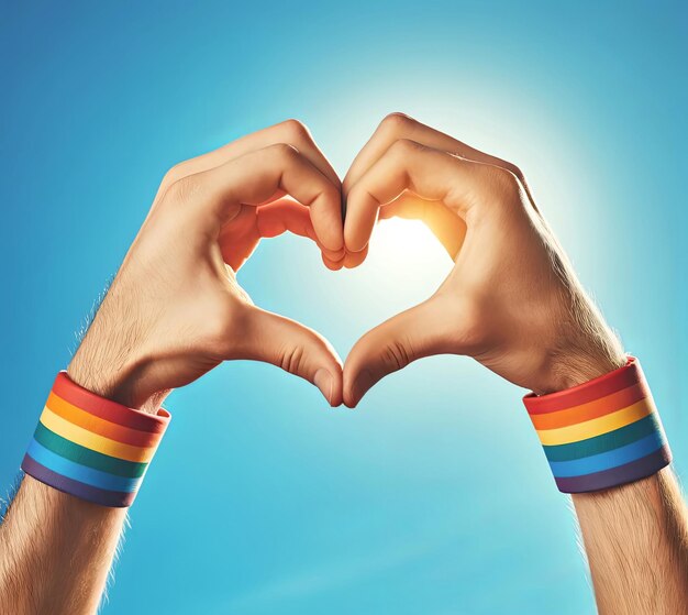 Hands forming heart shape against bright blue sky rainbow colored wristbands symbolizing LGBTQ