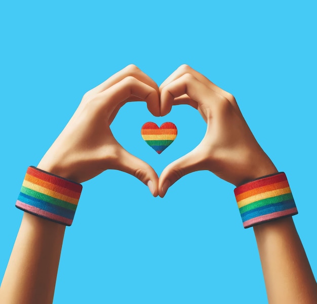 Hands forming heart shape against bright blue sky rainbow colored wristbands symbolizing LGBTQ