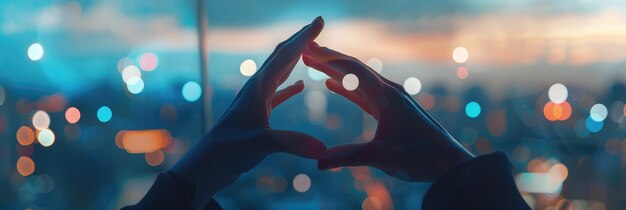 Photo hands forming heart shape against city lights