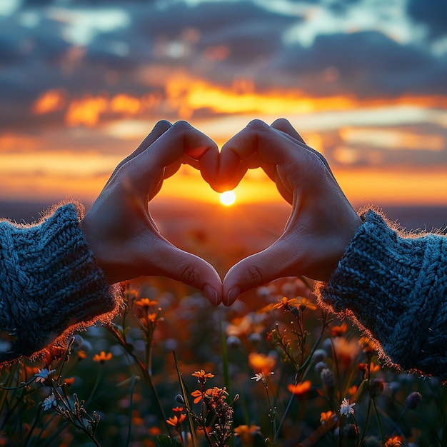 Photo hands forming a heart shape sunset backdrop at the filed background ai