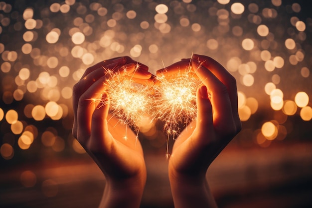 Hands forming a heart shape with fireworks behind