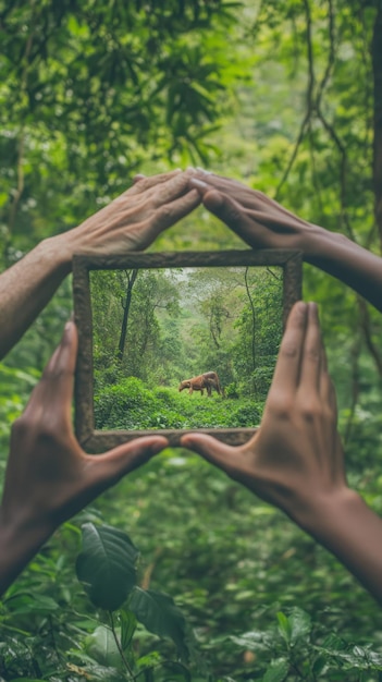 Photo hands framing a view of a forest with a deer