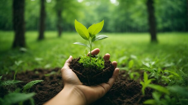 Hands from nature hands holding trees growing on green background Ecology and Nature concept