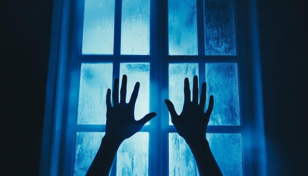 Photo hands in front of a window with the words  hands  on the glass