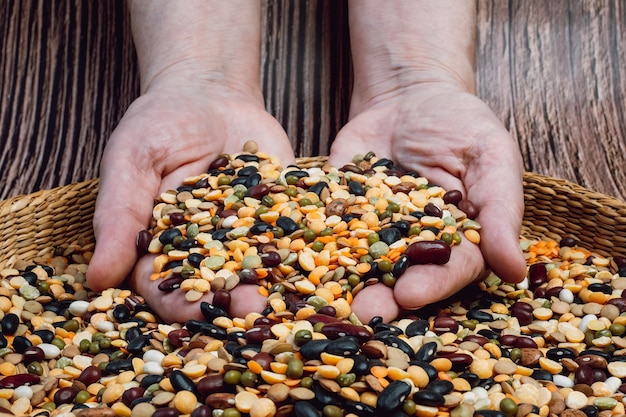 Hands full of fresh legumes Different cereals and legumes Mixed dried legumes and cereals