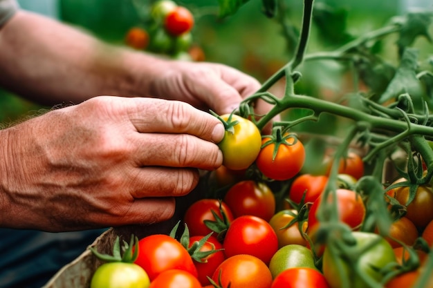 Hands gardener picking red tomatoes in the greenhouse generative ai