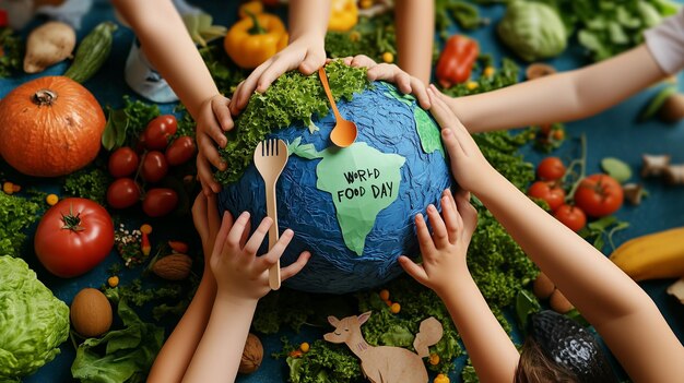 Photo hands gather around globe made of food celebrating world food day