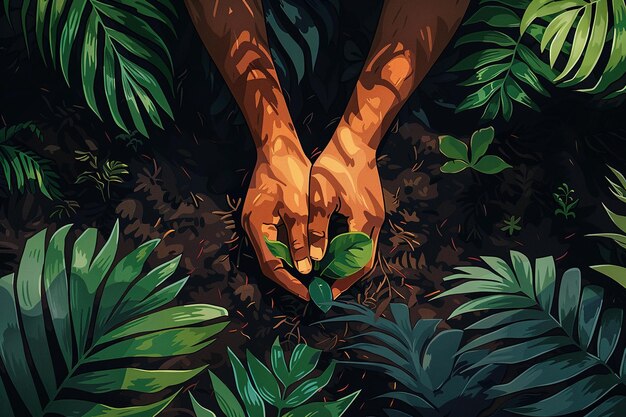 Photo hands gently planting a sapling in lush green foliage