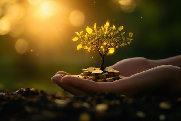 Photo hands gently shaping a small tree growing from a stack of coins with golden light filtering through