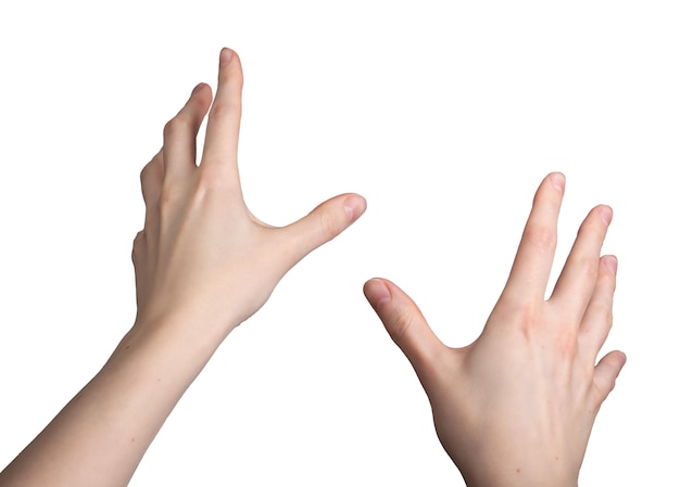 Hands gesturing during VR activity first person view isolated on white background