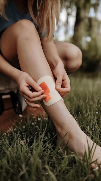 Photo hands of girl applying bandage on wounded leg