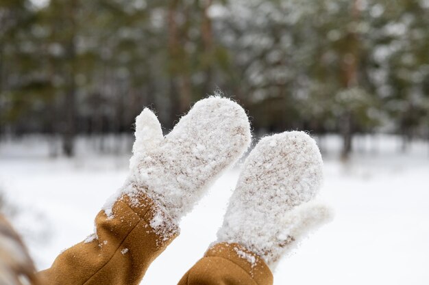 Hands of a girl in beautiful woolen mittens against the background of a green winter forest Blur zone for the inscription Christmas concept