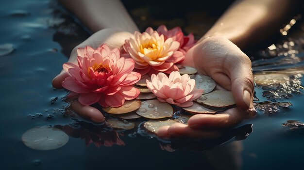 Hands of Girls Let Sacred Flowers in the Water