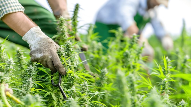 Hands in gloves pruning cannabis plants in a lush farm