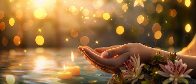 Hands gracefully cupped reaching towards golden floating lights surrounded by natural floral elements exuding a sense of whimsy and serenity