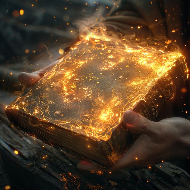 Photo hands gripping a magical tome that radiates ancient knowledge