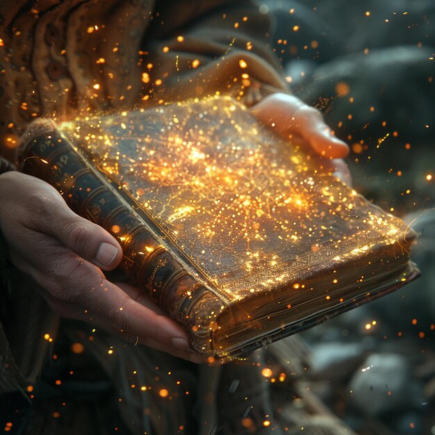 Photo hands gripping a magical tome that radiates ancient knowledge