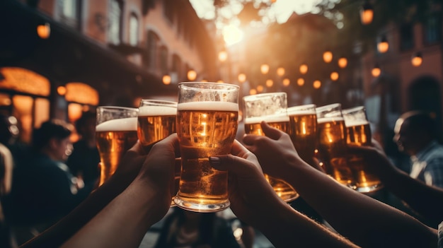 Hands of group of unrecognisable people toasting with beer bottles at outdoor party