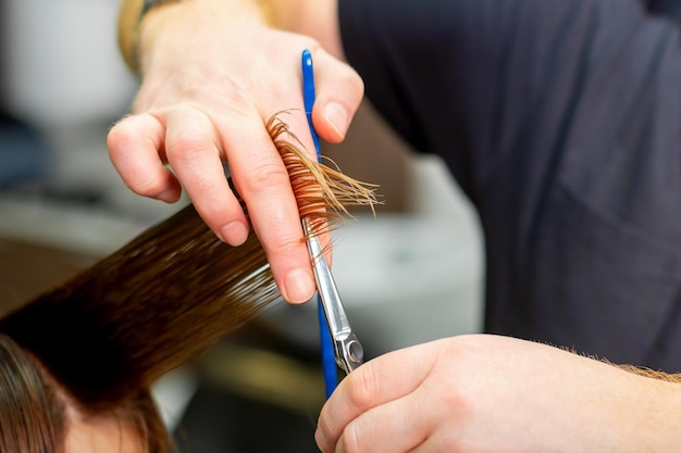 Hands of hairdresser hold hair strand between his fingers making haircut of long hair of the young woman with comb and scissors in hairdresser salon close up