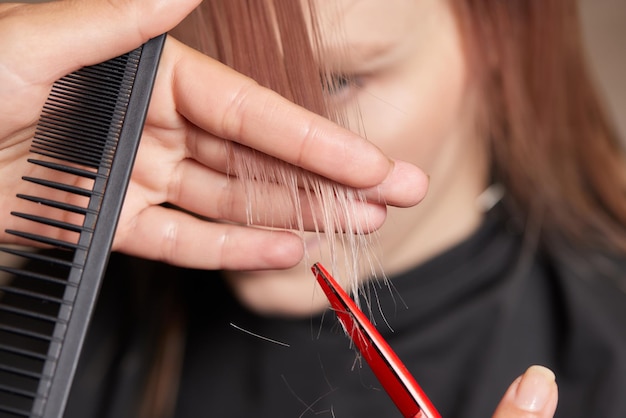 Hands of hairdresser hold hair strand between his fingers making haircut of long hair of the young woman with comb and scissors in hairdresser salon close up