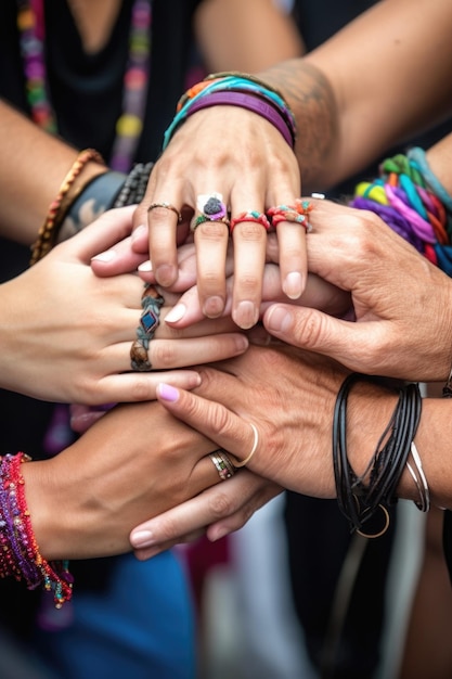 Hands hearts and love at a concert to celebrate peace equality or freedom created with generative ai