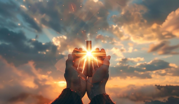 Photo hands held up in front of cross sign photo