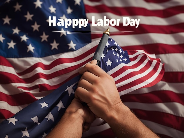 Hands hold American flag with happy labor day text Generative Ai