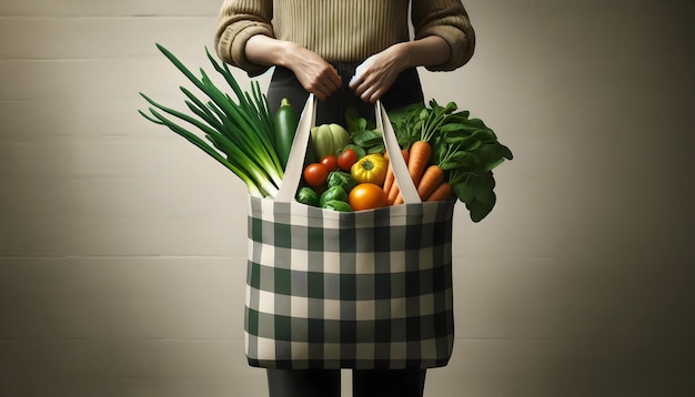 Hands hold a checkered bag brimming with vibrant vegetables including greens carrots squash and t